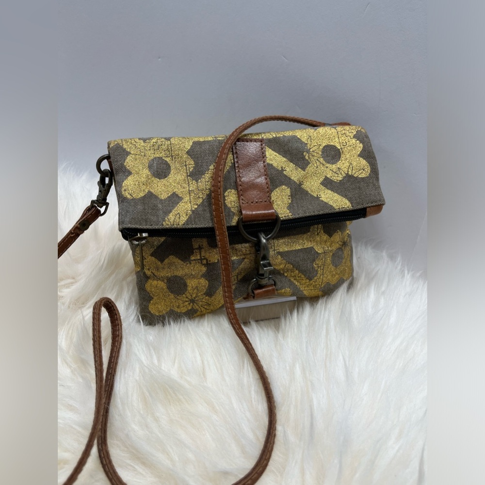 Mona B. Up cycled Coated Canvas Crossbody w Vegan Leather Metallic Gold Design - Picture 3 of 17